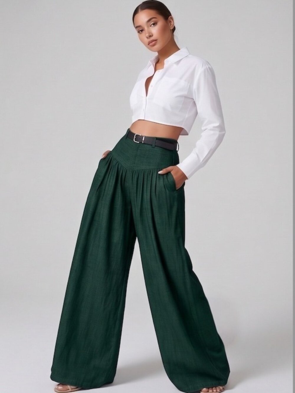 High Waisted Yoke Pleated Wide Leg Palazzo Pants Green
